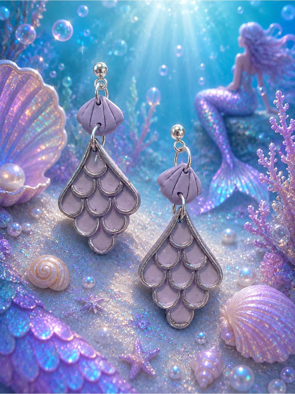Lavender Mermaid Scale Drop Handmade Polymer Clay Earrings - Women Jewelry
